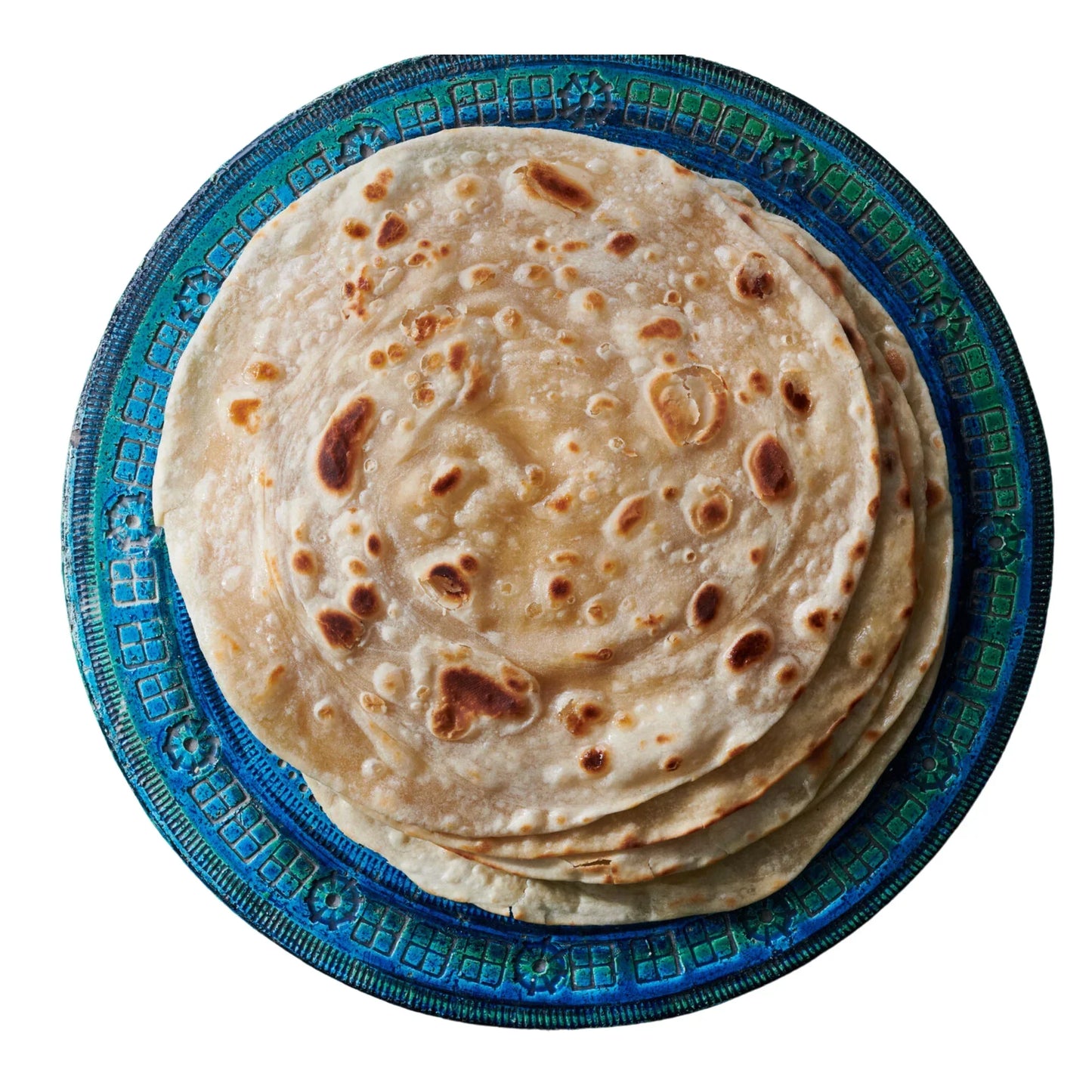 Drymfoods stack of Indian paratha flatbreads on a blue decorative plate