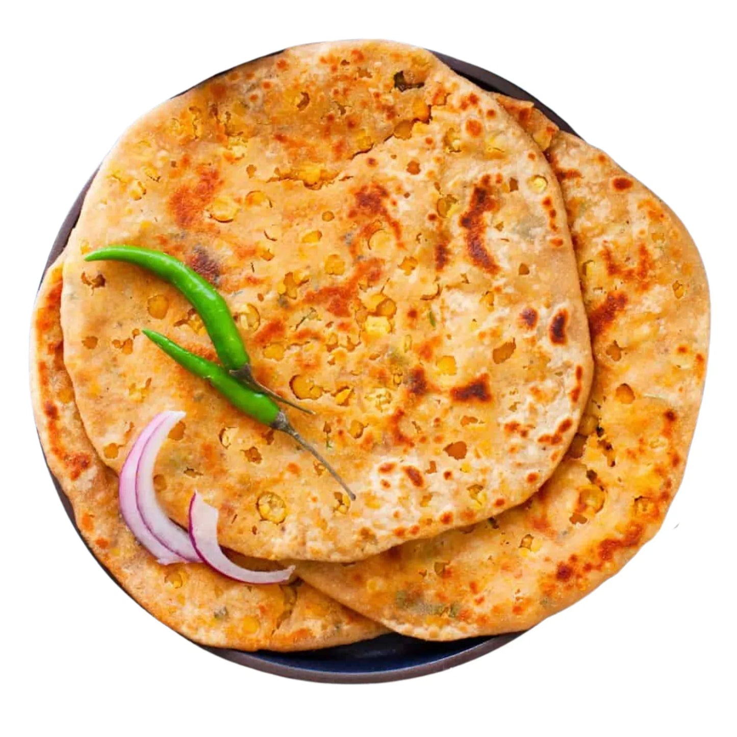 Drymfoods stuffed paratha with green chili and onion slices on plate, Indian flatbread