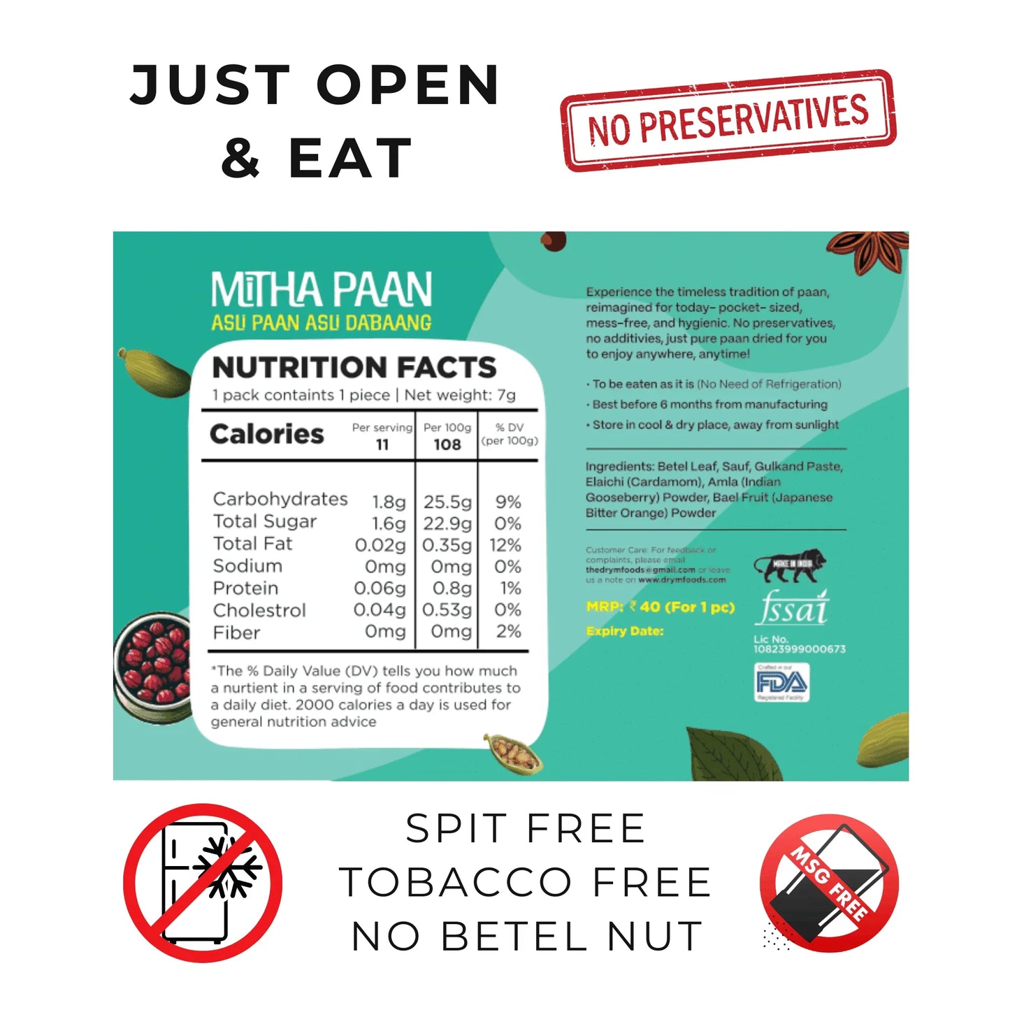 Drymfoods Mitha Paan nutrition facts label, no preservatives, spit free, tobacco free, MSG free, ready-to-eat paan ingredients.