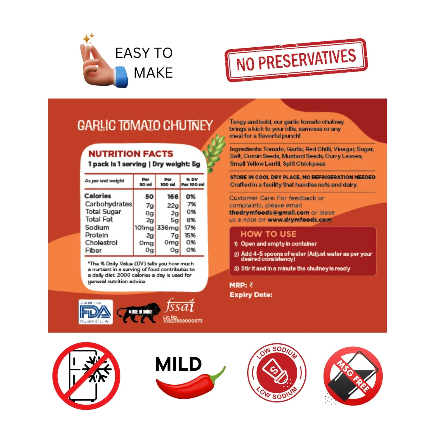 Drymfoods Garlic Tomato Chutney nutrition facts, mild, easy to make, no preservatives, low sodium, MSG free.