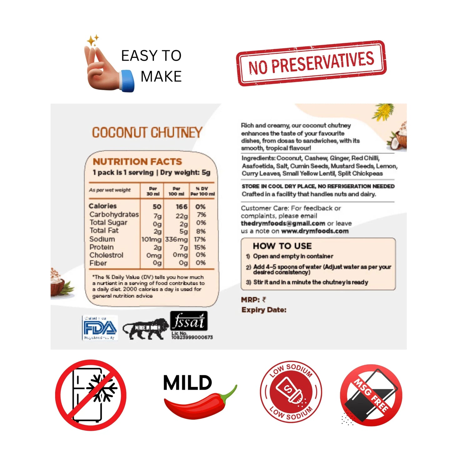 Drymfoods coconut chutney nutrition facts, ingredient list, easy to make, no preservatives, mild, low sodium, MSG free.