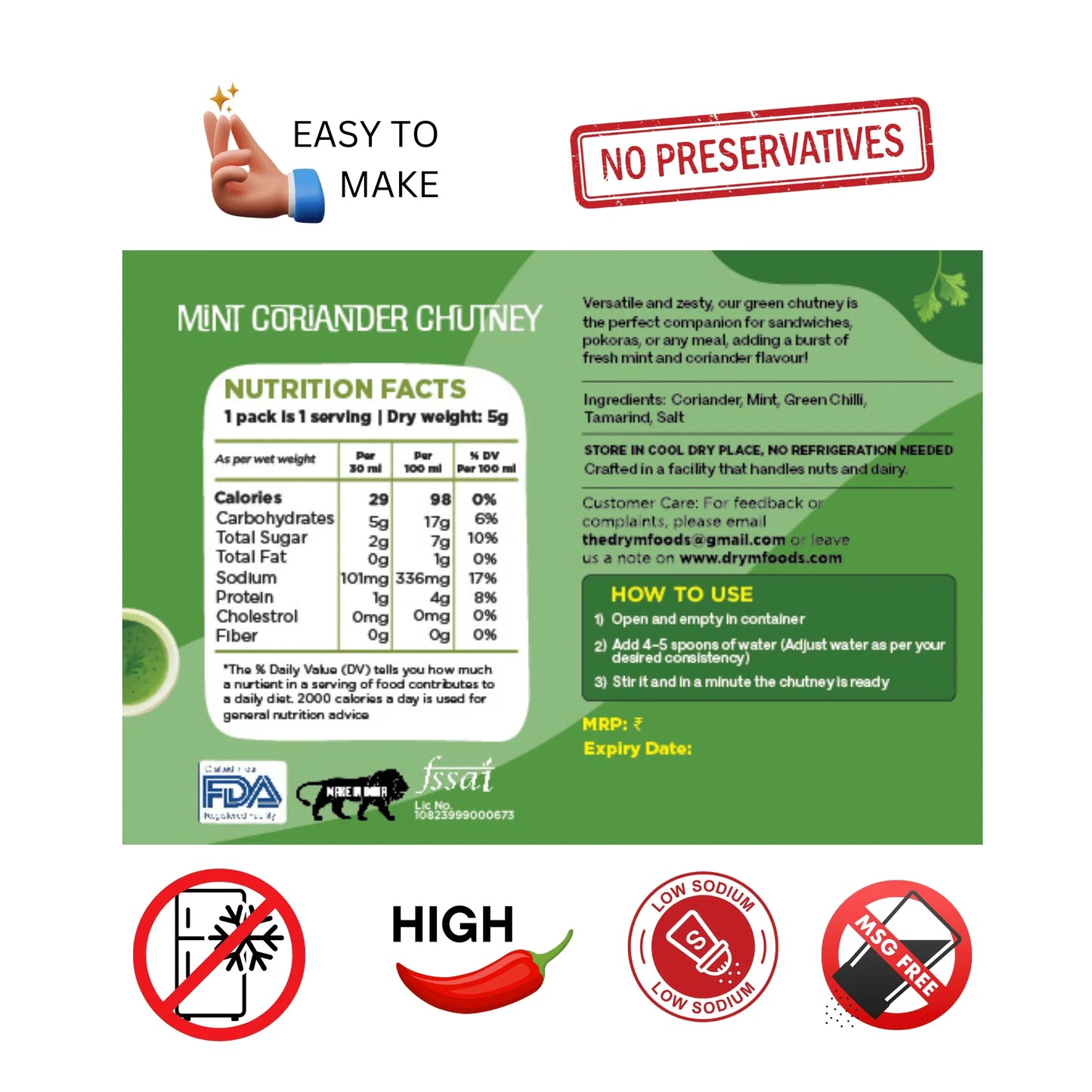 Drymfoods mint coriander chutney label, no preservatives, easy to make, high spice, low sodium, MSG free.